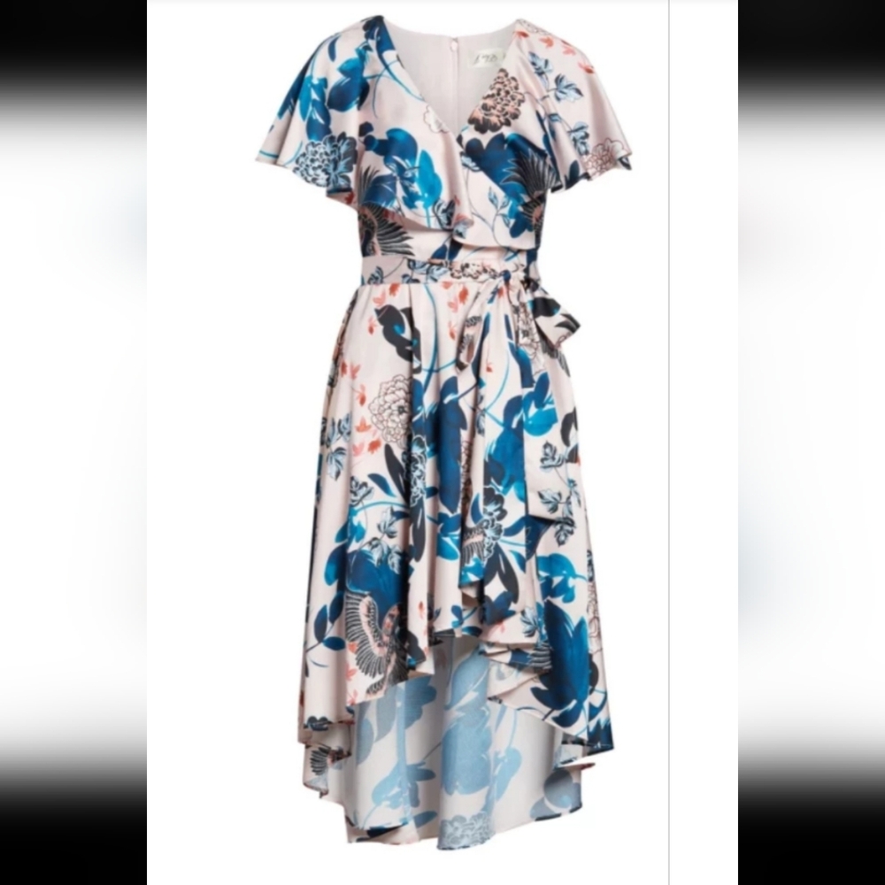 Eliza J Floral High Low Dress in Blue and Cream